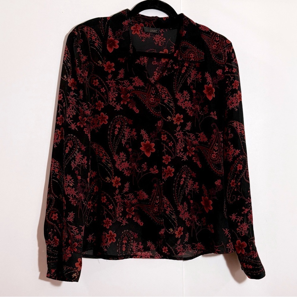 Pariscope women’s black red floral paisley long sleeves button up shirt fairy